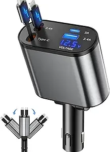 Retractable Car Charger, 4 in 1 Fast Charging Car Charger with USB-C & USB-A, Compatible with iPhone 17/16/15/14/13/12/11