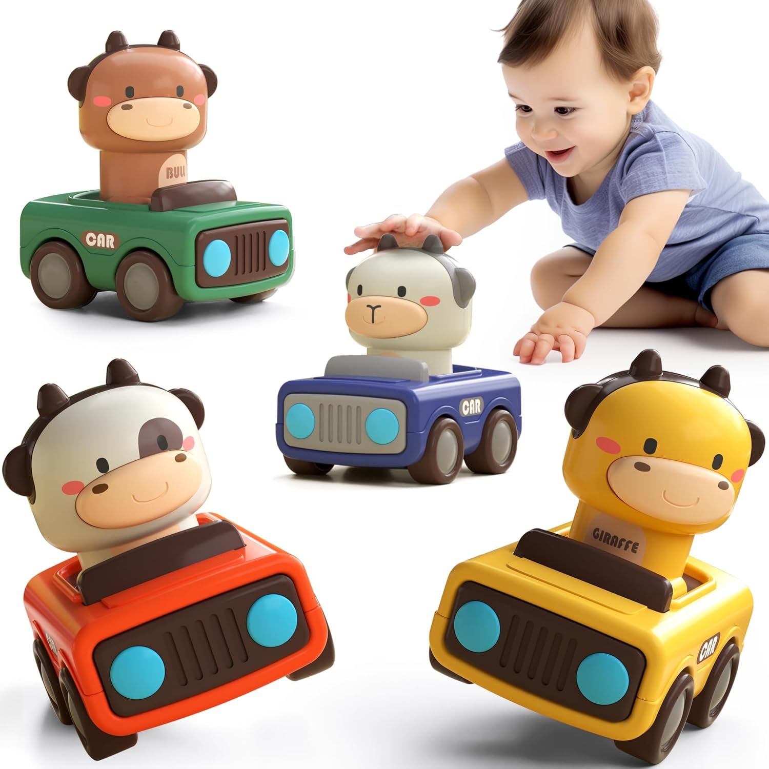 iPlay, iLearn Press to Go Car Toys for Toddlers 1-3, Baby Animal Racing Cars, Infant Play Vehicle Set, Baby Push Go Friction Car Toys for 6-9-12-18 Months,